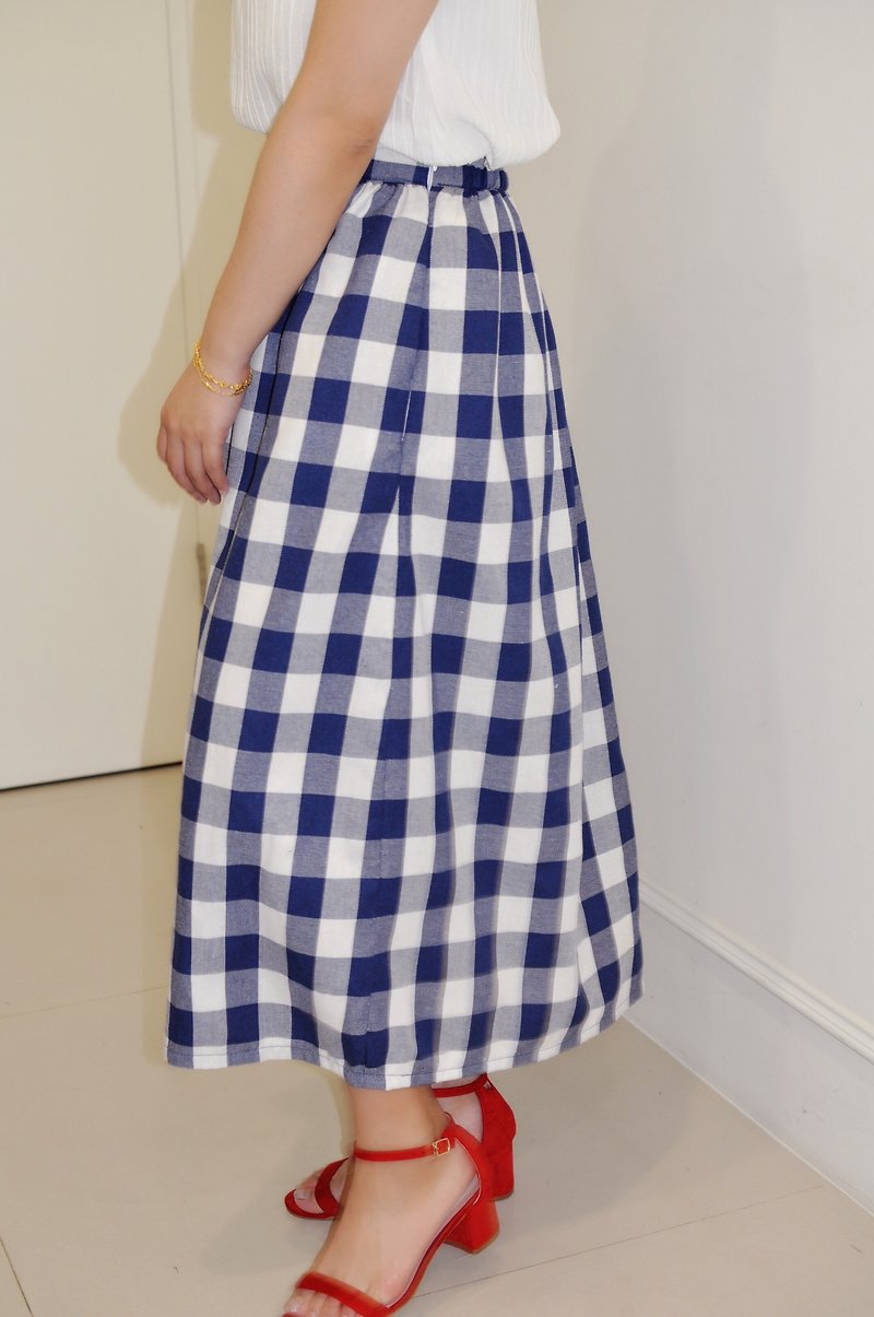 Flat 135 X Taiwan designer cotton indigo blue checkered fabric French dress - Skirts - Paper Blue