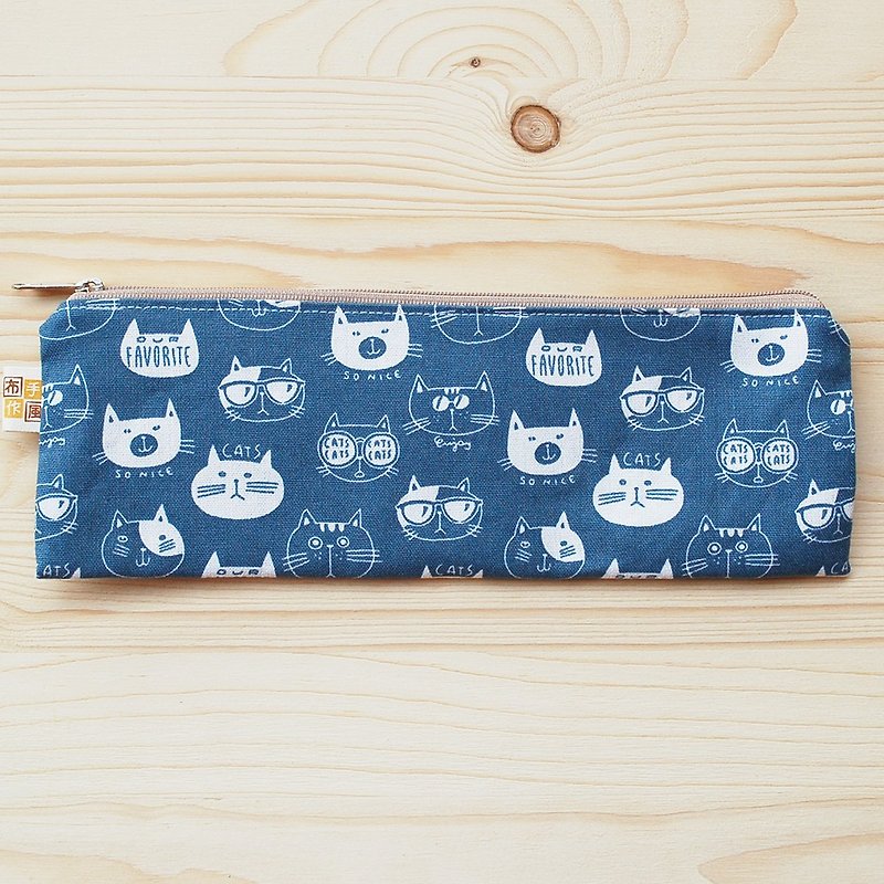 Cat head _ blue zipper wide version chopsticks bag / out of stock - จานเด็ก - ผ้าฝ้าย/ผ้าลินิน สีน้ำเงิน