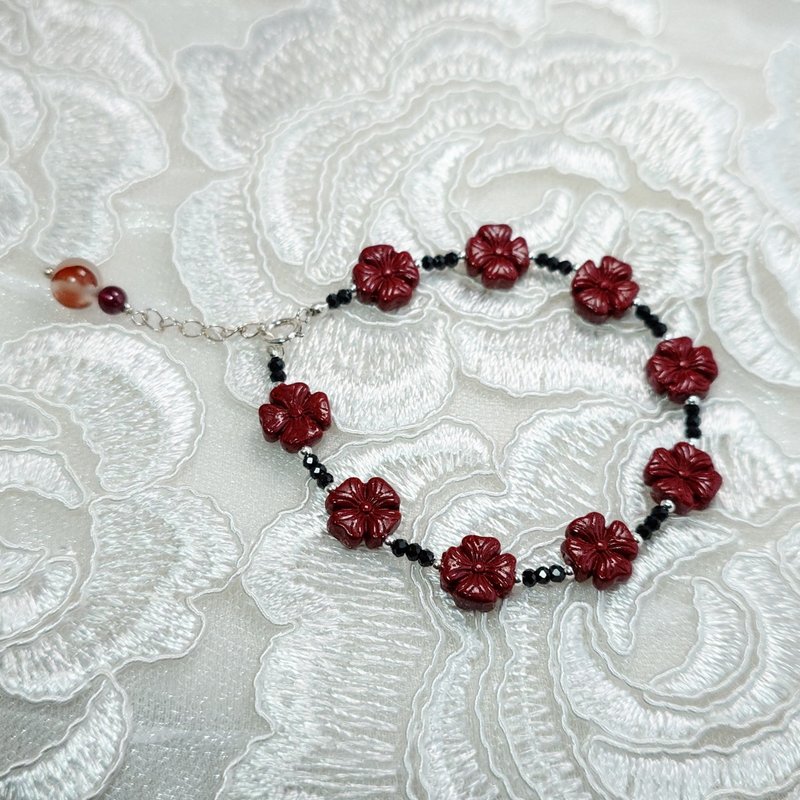 手鍊 朱砂 紫金砂 黑尖晶石 手珠 925銀 寶石 紅石榴石 南紅瑪瑙 - 手鍊/手環 - 寶石 