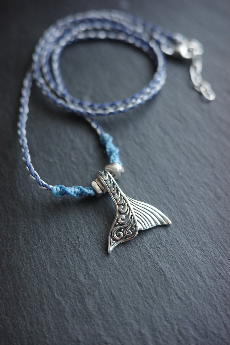 925 Sterling Silver Carved Whale Tail Wax Rope Necklace - สร้อยคอ - เงินแท้ สีเงิน