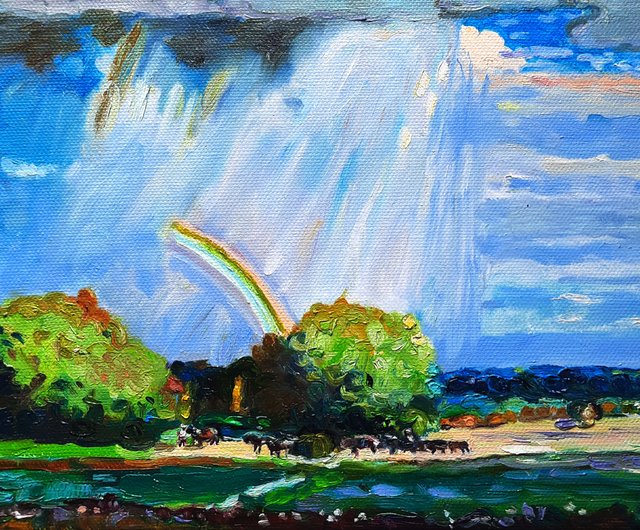 高級ブランド 原創畫 レインボーイと雨が降る絵画都市オリジナルアート 絵画