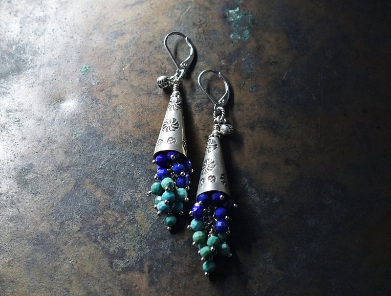 Turquoise, lapis lazuli, flower lover and sun engraved Karen Silver, Indian Silver bell earrings - ต่างหู - โลหะ สีเงิน