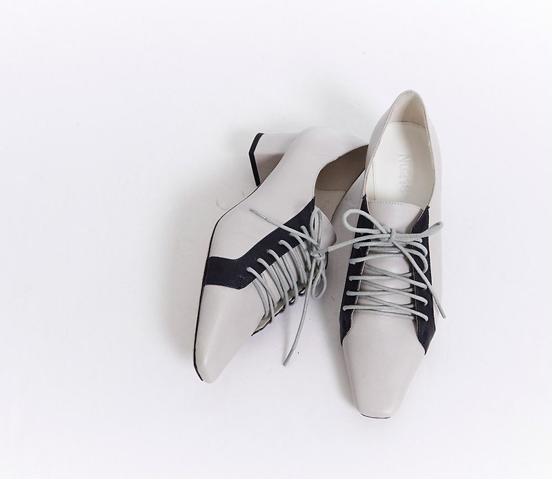 Jumping color square head Oxford leather block heel gray - รองเท้าอ็อกฟอร์ดผู้หญิง - หนังแท้ สีเทา