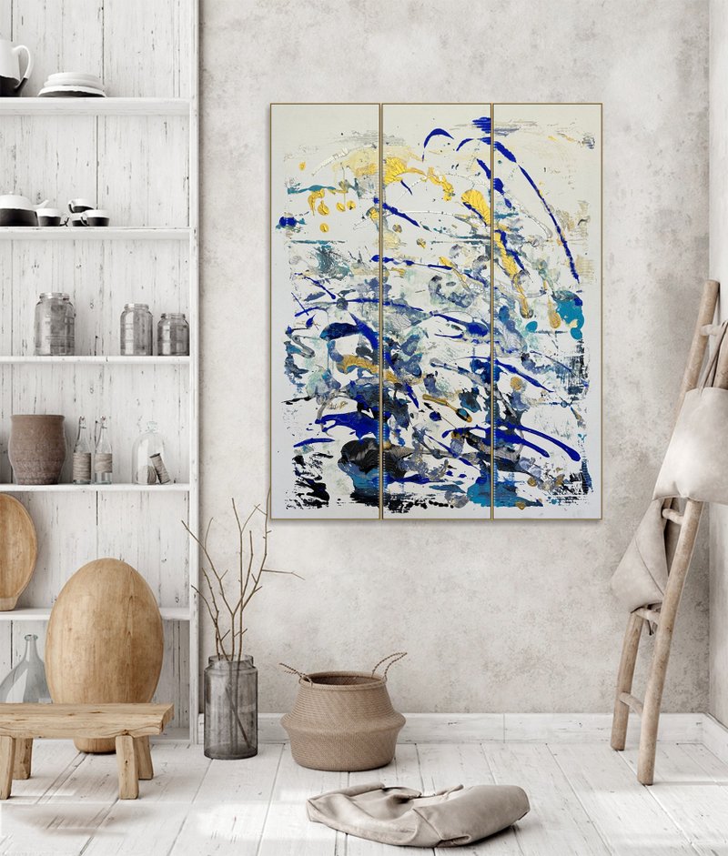 Large Abstract Triptych Wall Art Gold And Blue Textured Painting - ตกแต่งผนัง - อะคริลิค หลากหลายสี