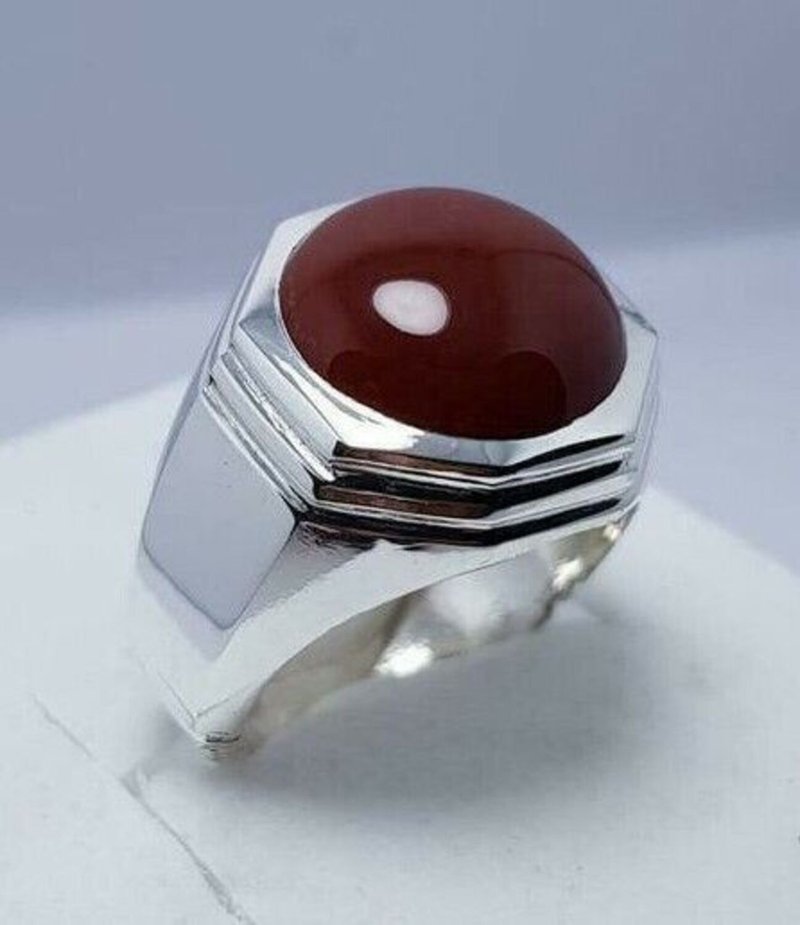 Brown Red Round Shape Aqeeq Ring Sterling Silver Jewelry Mens Handcrafted Ring - General Rings - Gemstone Red