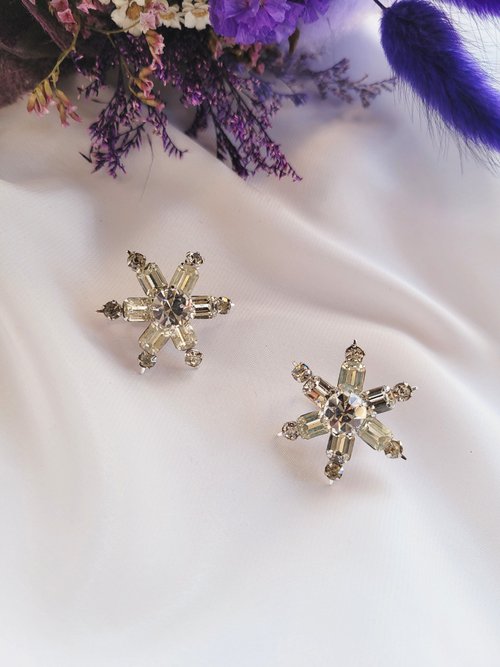 Hale黑爾典藏西洋古董 美國西洋古董飾品 / 復古晶鑽 閃亮雪花 夾式耳環 Vintage復古老件收藏