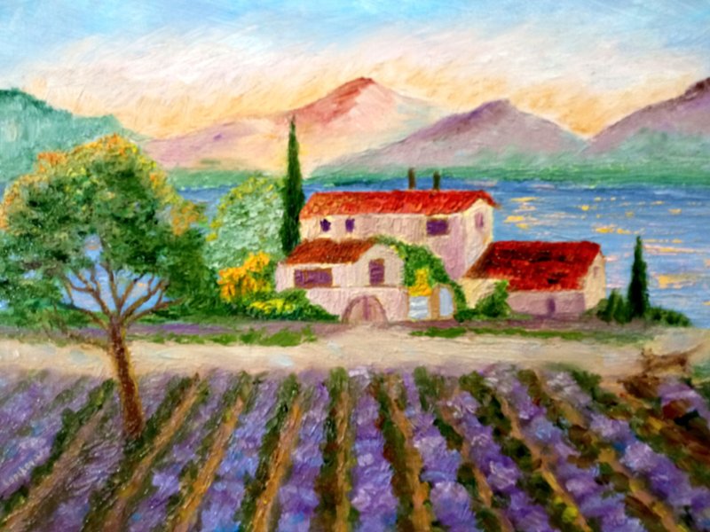 Original oil painting Lavender Farm - Wall Décor - Other Materials 