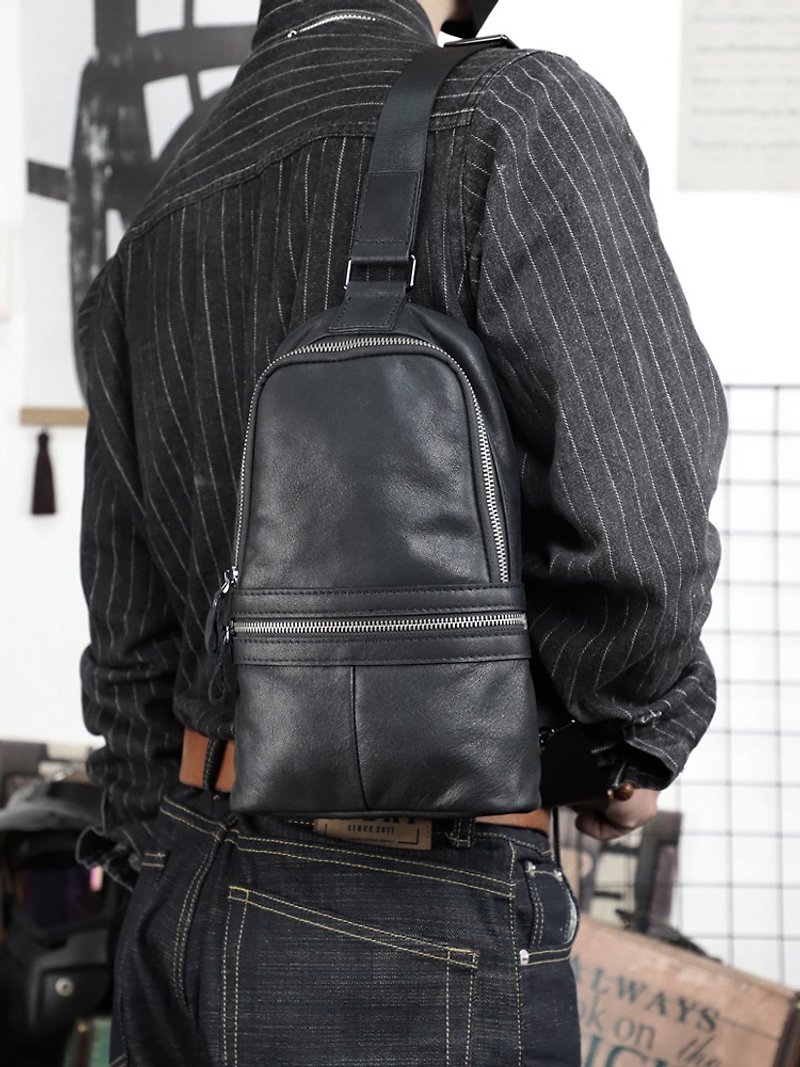 Genuine Leather Men's Chest Shoulder Bag Casual Crossbody Messenger Bag - กระเป๋าแมสเซนเจอร์ - หนังแท้ สีดำ