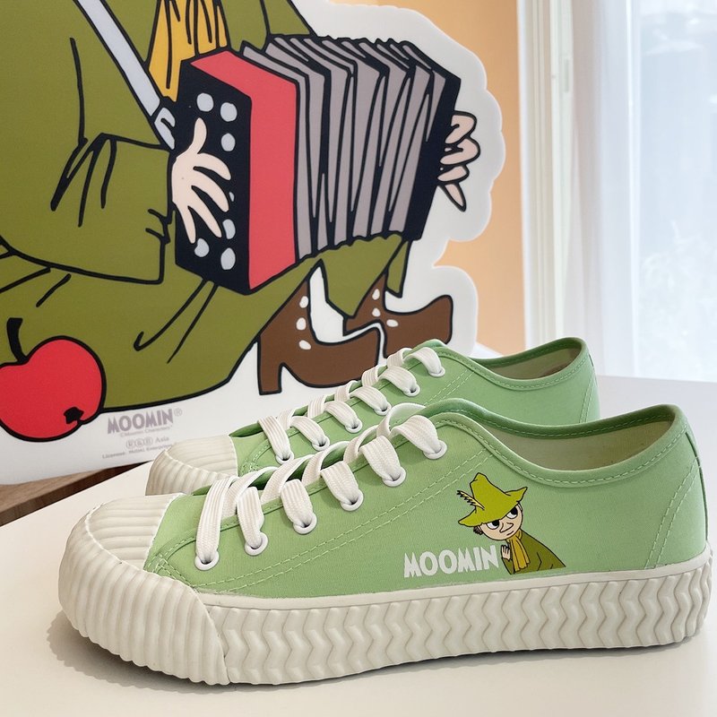 Paidal x Moomin姆明谷 史力奇阿金帆布鞋綁帶餅乾鞋-蘋果綠 - 女休閒鞋/帆布鞋 - 棉．麻 綠色