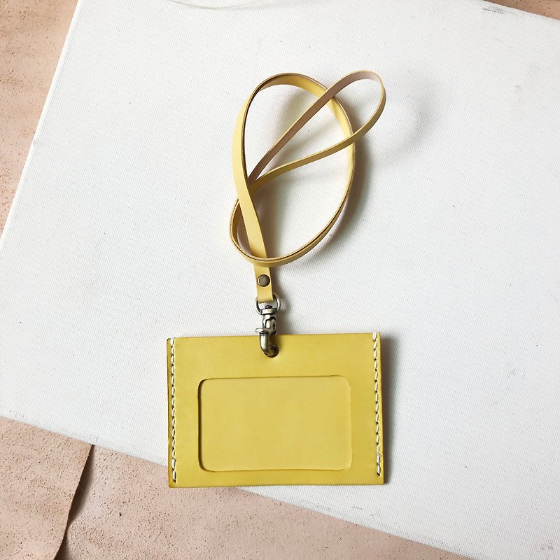 Identification card sleeve + neckband_horizontal_double card layer_warm yellow - ID & Badge Holders - Genuine Leather Yellow