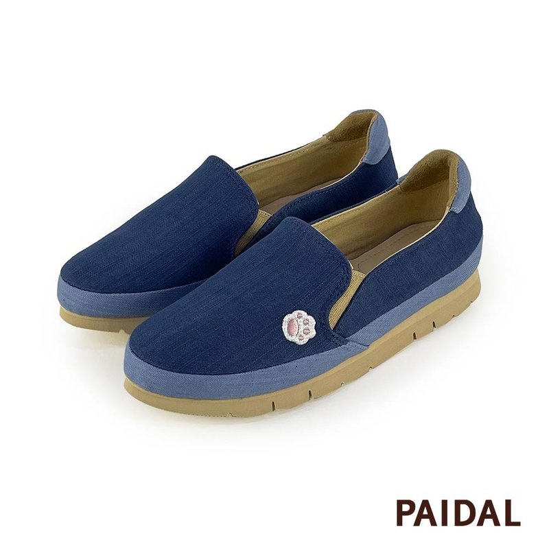 Paidal 喵掌拼接不彎腰微厚底休閒樂福鞋懶人鞋-深藍 - 女休閒鞋/帆布鞋 - 棉．麻 藍色