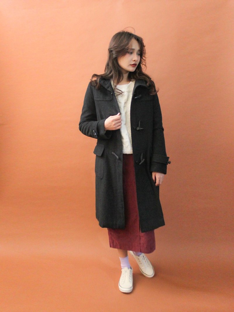 復古秋冬韓國製羊毛鐵灰色修身古著牛角扣大衣外套  - 外套/大衣 - 羊毛 灰色