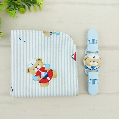 QQ rabbit 手工嬰幼兒精品 彌月禮盒 海軍泰迪熊。雙面純棉手帕 / 手帕夾 (可繡名字)