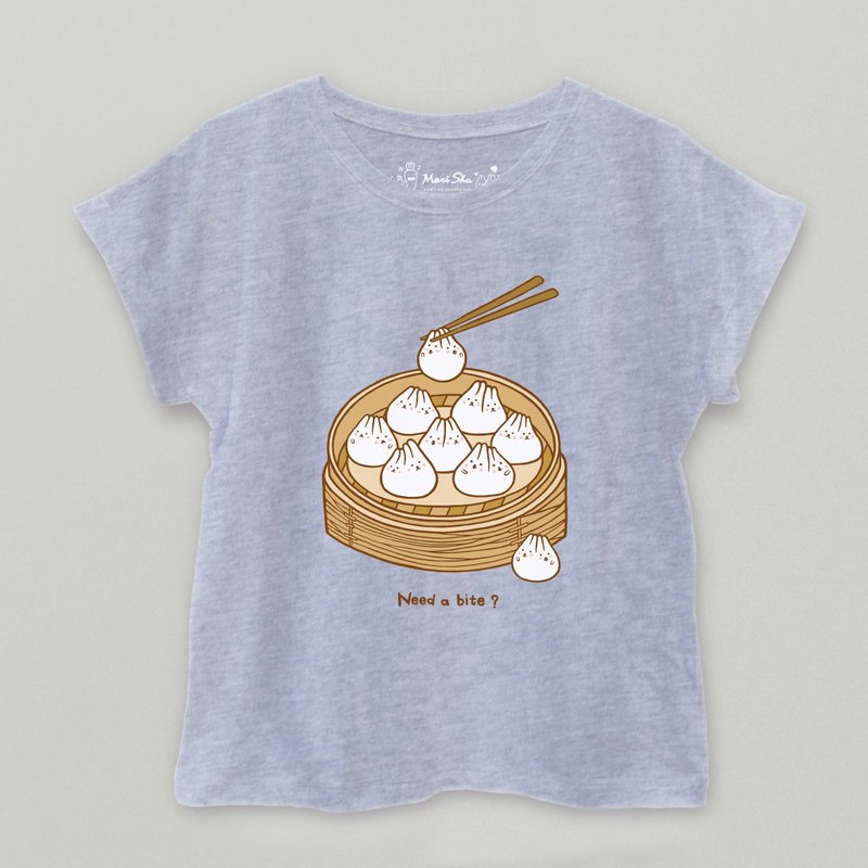 Mochi Rabbit Xiao Long Bao T-shirt - Linen Gray - เสื้อผู้หญิง - ผ้าฝ้าย/ผ้าลินิน สีเทา