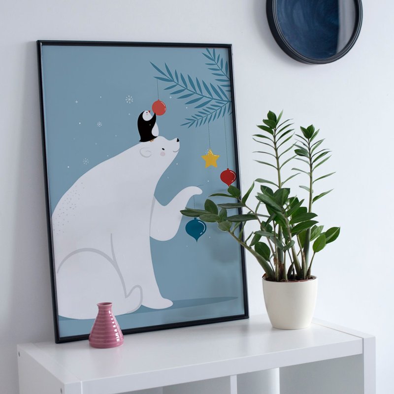 Christmas bear-Polar Bear Print, Polar Bear Art, Bear Poster, Bear Nursery Art - โปสเตอร์ - วัสดุอื่นๆ สีน้ำเงิน