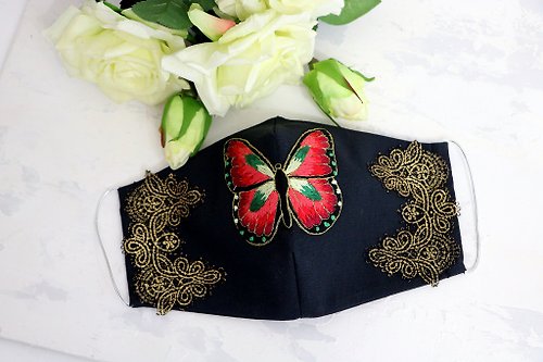 Designer beaded jewelry by Mariya Klishina Face mask wth handmade embroidery Mask with butterfly Reusable mask Fashion mask