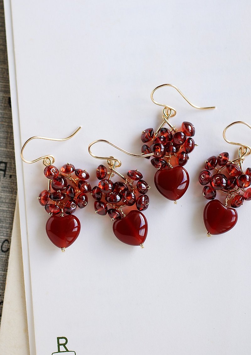 14kgf - Garnet and heart shaped red earrings - ต่างหู - เครื่องประดับพลอย สีแดง