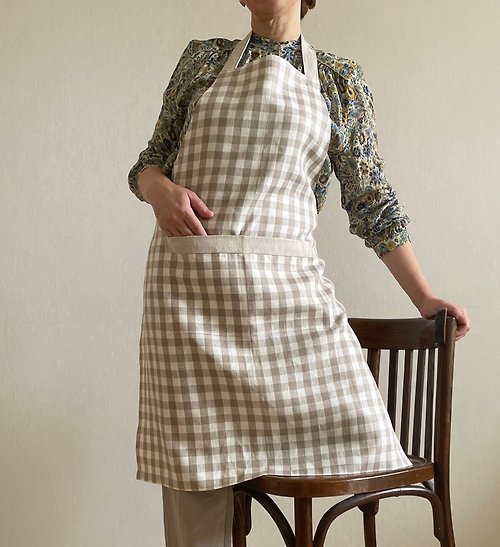 Belilinen Linen checkered unisex apron with double pockets