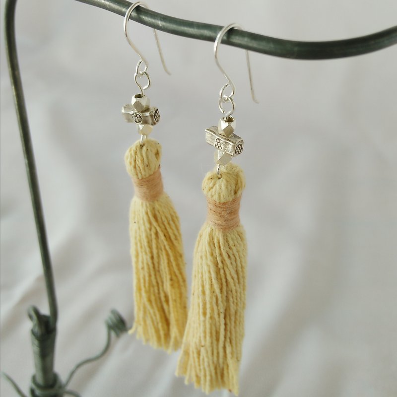 Karen Silver & Tassel Earrings / Yellow / Vegetable Dyed Thread - Earrings & Clip-ons - Silver Yellow