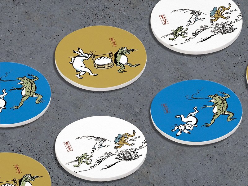 Paintings of Birds and Animals-Ceramic Water-Absorbent Coasters-3 Ancient Japanese Takayamaji Comics - ที่รองแก้ว - ดินเผา 