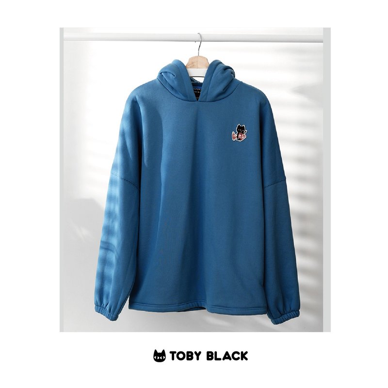 Toby Black CAT & FISH Oversize Hoodie - เสื้อฮู้ด - ผ้าฝ้าย/ผ้าลินิน สีน้ำเงิน