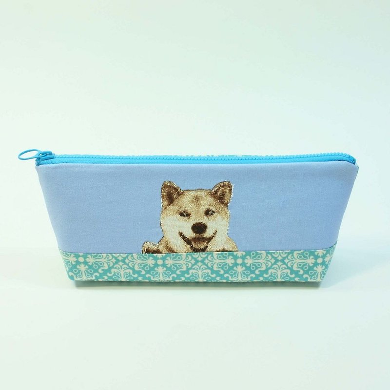 刺繡 筆袋07-柴犬 - 筆盒/筆袋 - 棉．麻 藍色