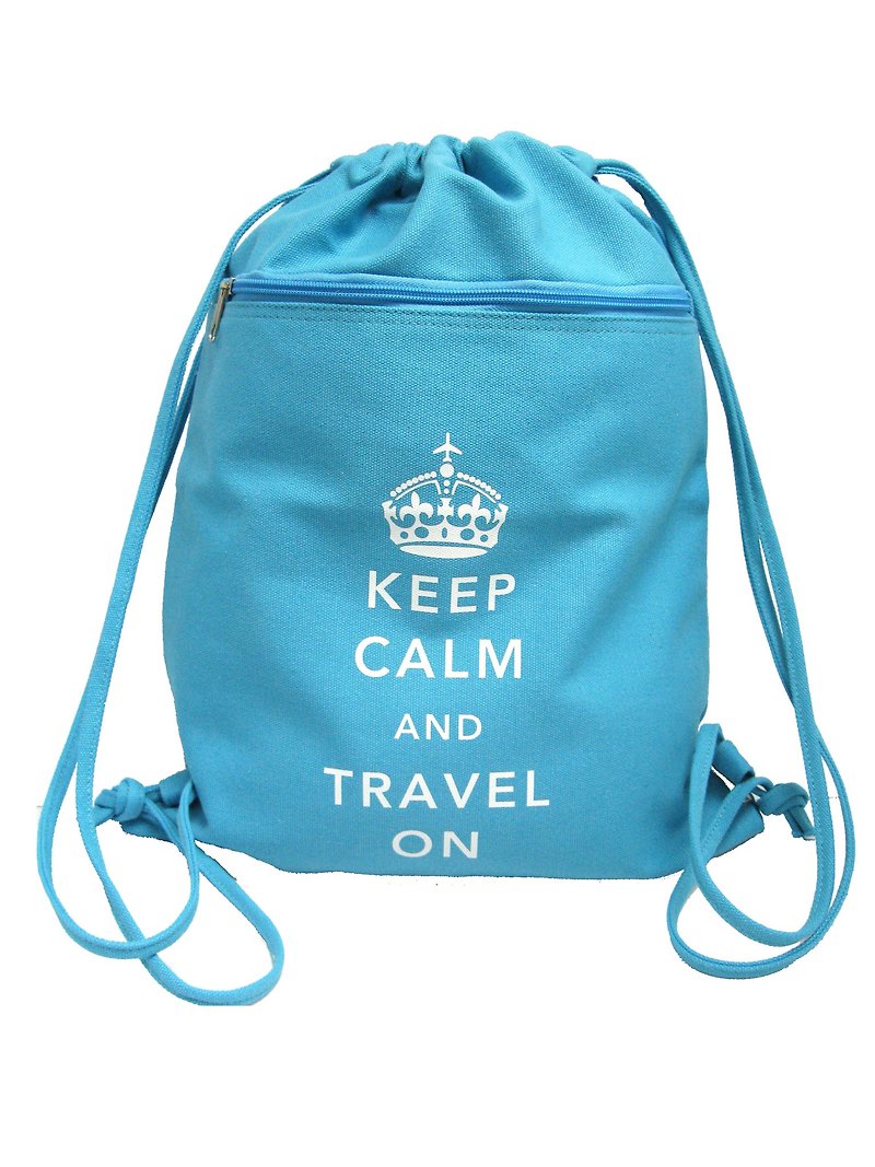 Keep Calm and Travel On 英倫風格帆布束口背包 (天空藍) - 水桶袋/索繩袋 - 棉．麻 