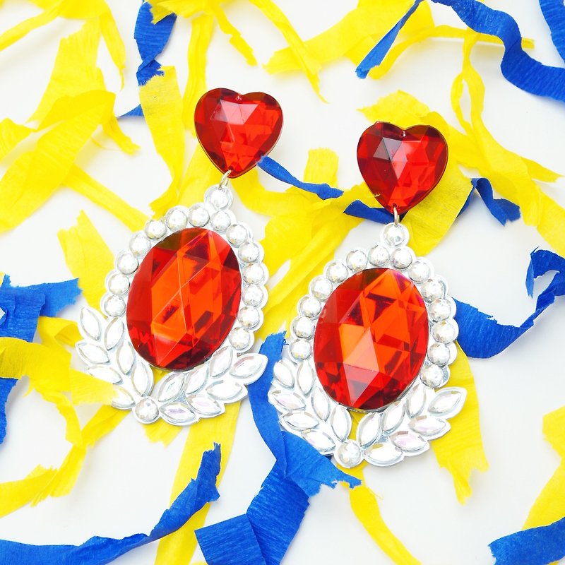 ARTERY red heart-shaped large Gemstone earrings - ต่างหู - อะคริลิค สีแดง