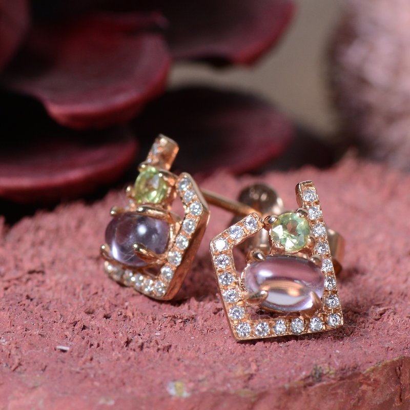 MEADOW - Amethyst with Peridot 18K Rose Gold Plated Silver Earring Stud - Earrings & Clip-ons - Gemstone Purple