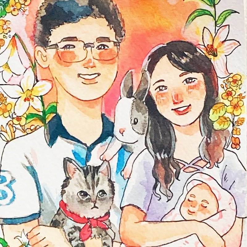 【寵物插畫】毛孩的溫柔記憶-水彩客製插畫/貓狗全家福/毛小孩 - 似顏繪/客製畫 - 紙 多色