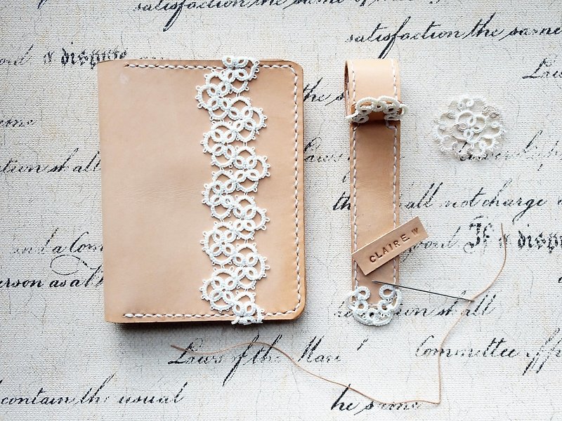 Handmade Leather & Passport Case with Tatting Lace / Box Set (with a Luggage Tag) - Passport Holders & Cases - Genuine Leather Brown