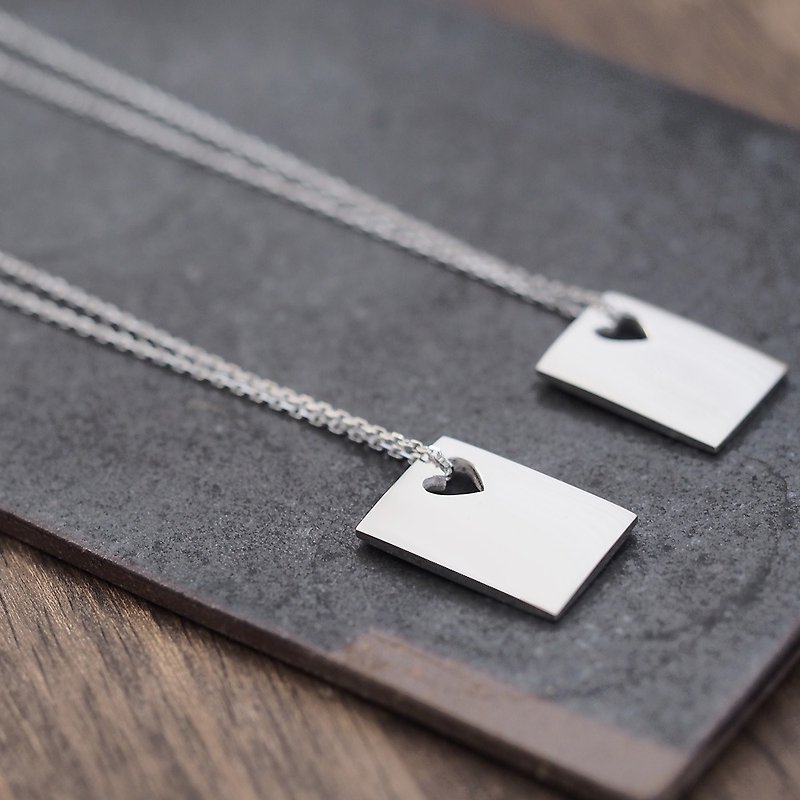 2 pieces set) Heart + Square Pair Necklace Silver 925 - สร้อยคอ - โลหะ สีเงิน