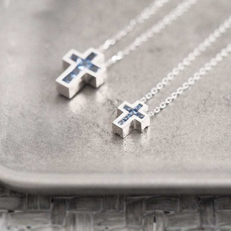 2 pieces set) Aquamarine Cross Pair Necklace Silver 925 - Necklaces - Other Metals Blue