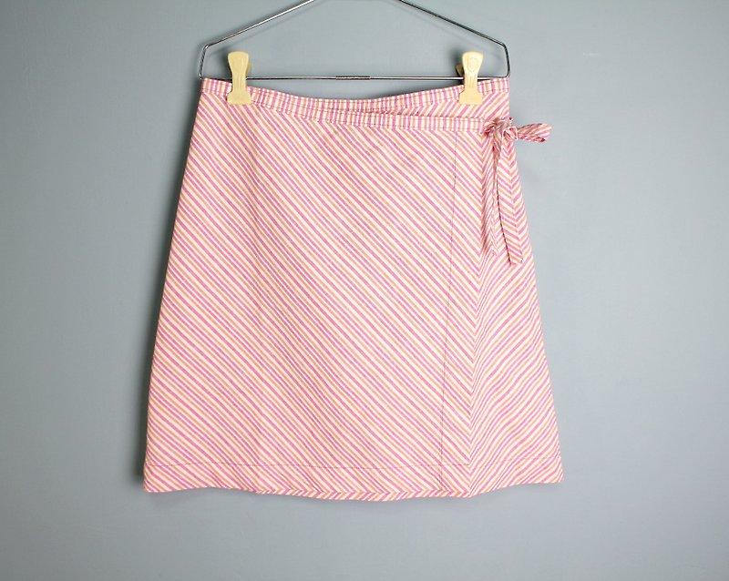 FOAK vintage pink orange striped linen straps a skirt - Skirts - Cotton & Hemp 