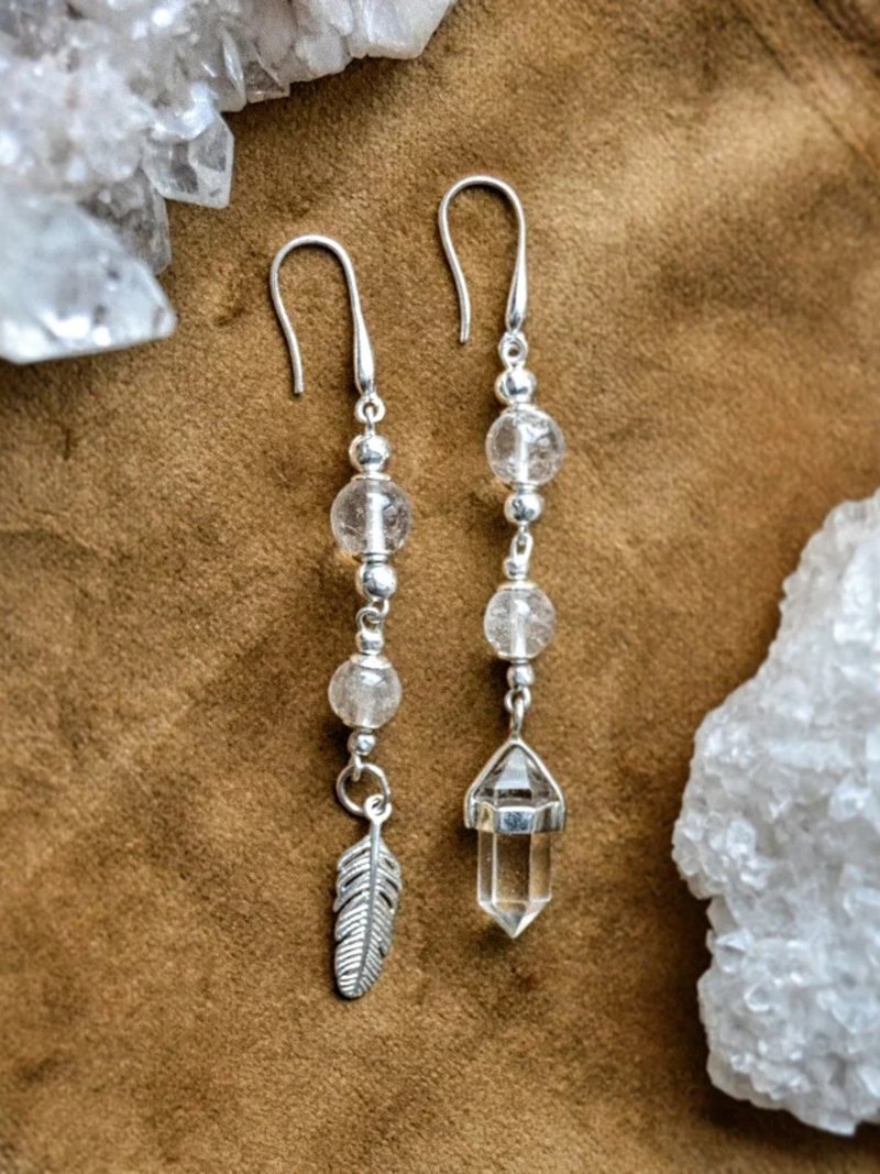 Rock Quartz crystal earrings for woman with silver feather pendant - 耳環/耳夾/耳骨夾 - 純銀 銀色