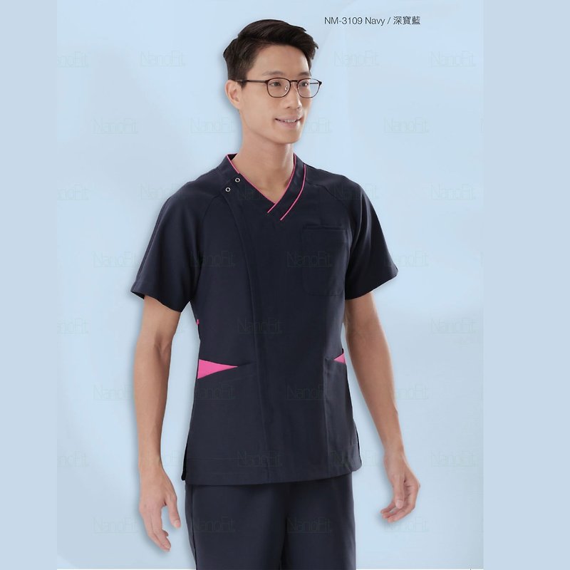 聚酯纖維 男 T 恤 藍色 - 牛角袖鬆身拉鏈護士護理員短袖上衣醫美牙醫制服抗菌防污NM3109