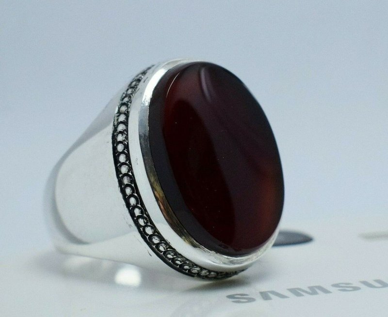 Natural Blood Red Aqeeq Bague Silver Rings Handmade Jewewllery Ring Mens Ring - 戒指 - 寶石 紅色