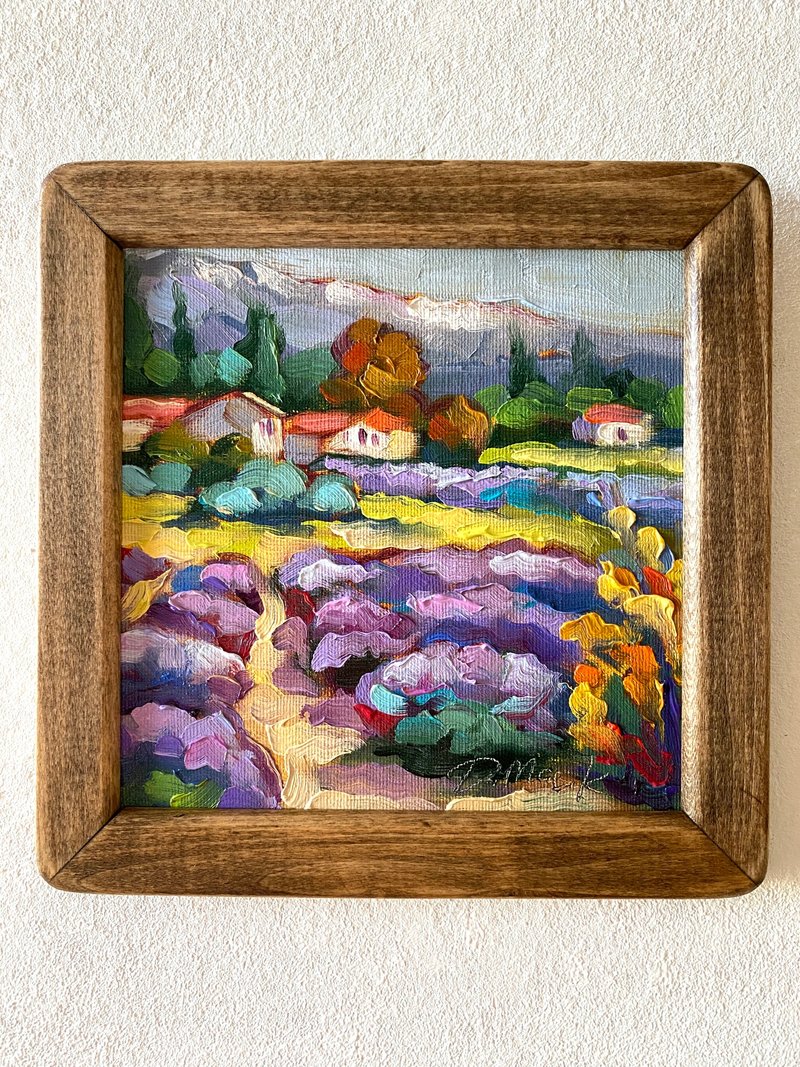 薰衣草田繪畫托斯卡納原創藝術風景油畫厚塗小幅藝術品 8x8 托斯 - 壁貼/牆壁裝飾 - 木頭 