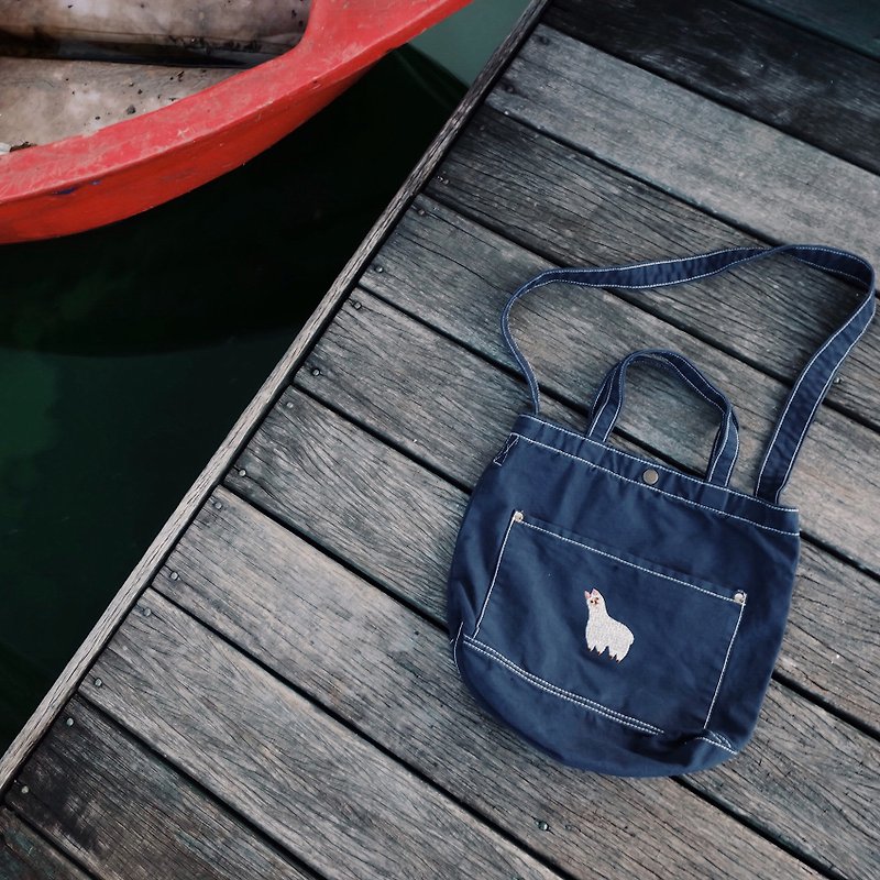 Alpaca Embroidery - Canvas Crossbody Bag : Dark Blue - Handbags & Totes - Cotton & Hemp Blue