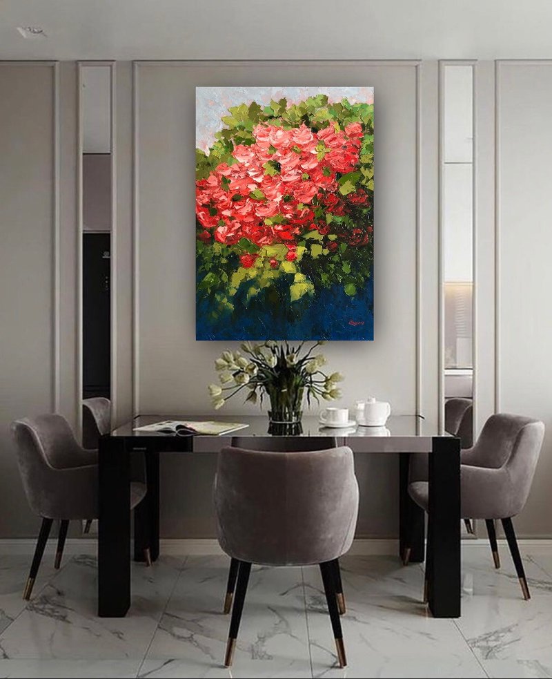 Original Oil Painting On Canvas Roses Impasto Art Flowers Painting Bouquet Art - 壁貼/牆壁裝飾 - 棉．麻 多色