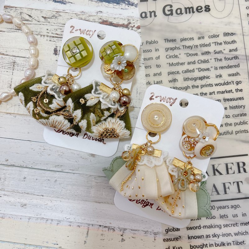 wow Handmade-春日綻放 刺繡緞帶 2way鈕扣耳環 - 耳環/耳夾/耳骨夾 - 其他材質 