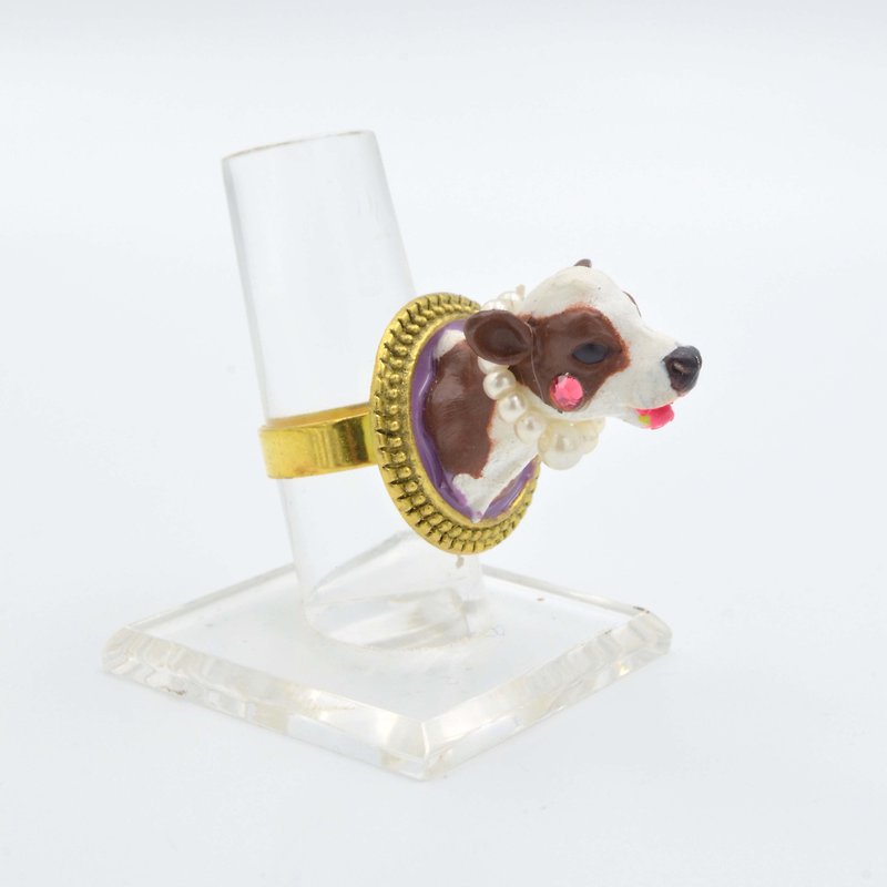 TIMBEE LO Brown Cow Head Pearl Chain Ring Pink Crystal Rouge Adjustable Size - General Rings - Other Metals Brown