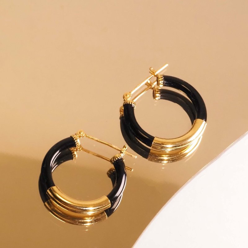 Onyx Hoop Earrings | 縞瑪瑙耳環 | 18K 黃金 - 耳環/耳夾/耳骨夾 - 貴金屬 金色