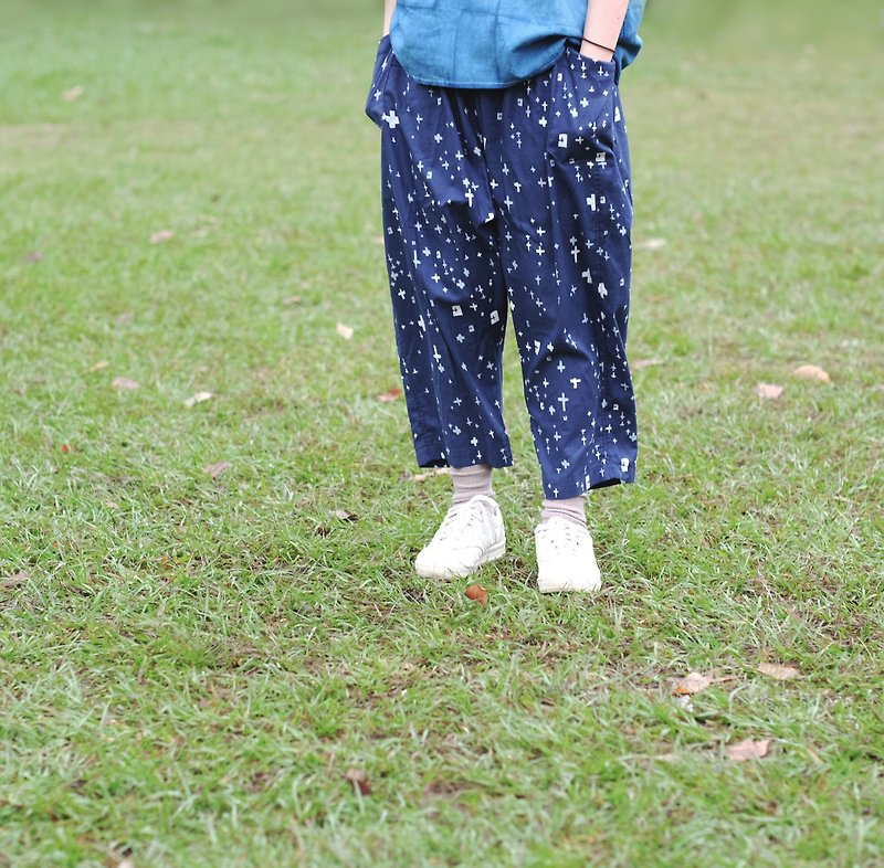 Glittering cross star cone wide pants - กางเกงขายาว - ผ้าฝ้าย/ผ้าลินิน สีน้ำเงิน