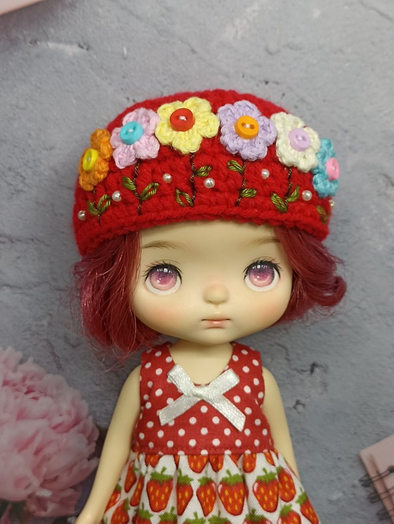 Flower lover embroidered knit hat for middie blythe doll / odeko / holala / monst doll / MSD - Stuffed Dolls & Figurines - Other Materials 