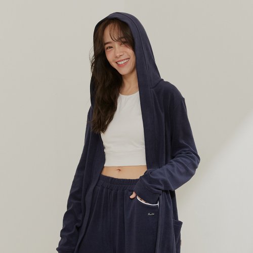 Fantino Home凡第諾家居 保暖毛巾布長版連帽外套-午夜藍/居家服/膠原蛋白紗