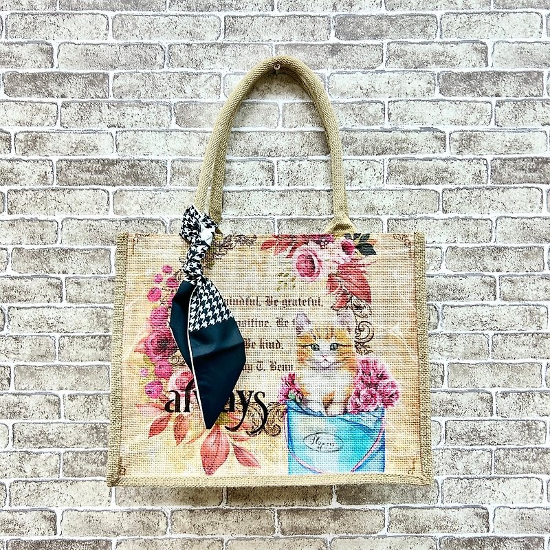 [Handmade] Rose Cat – Large horizontal zipper – Cultural and creative style lifestyle bag - กระเป๋าถือ - ผ้าฝ้าย/ผ้าลินิน หลากหลายสี