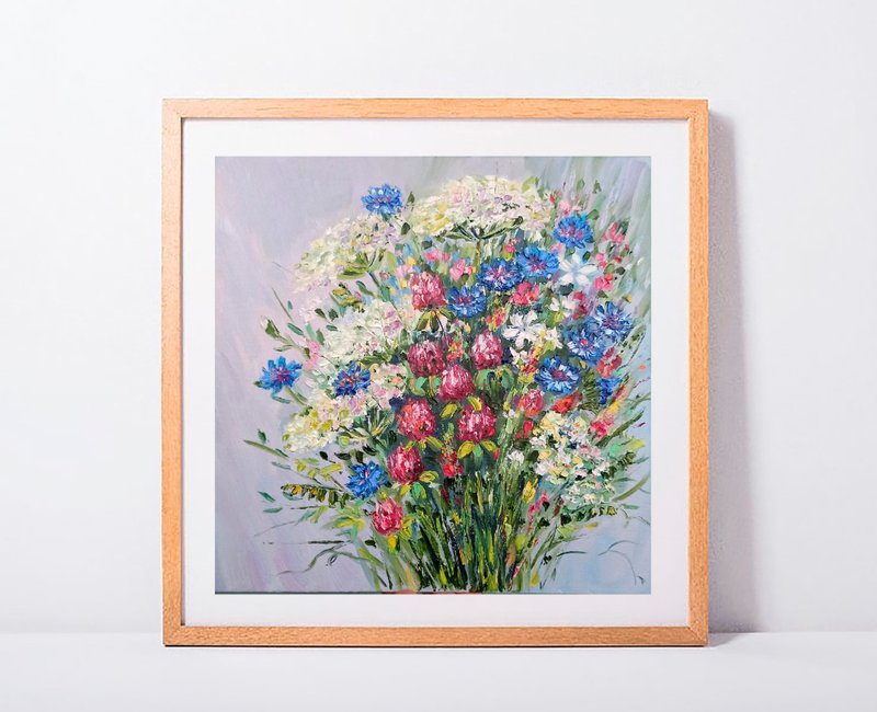 Cornflower Oil Painting Wildflower Original Art Floral Impasto Flowers Canvas - ตกแต่งผนัง - ผ้าฝ้าย/ผ้าลินิน สีน้ำเงิน