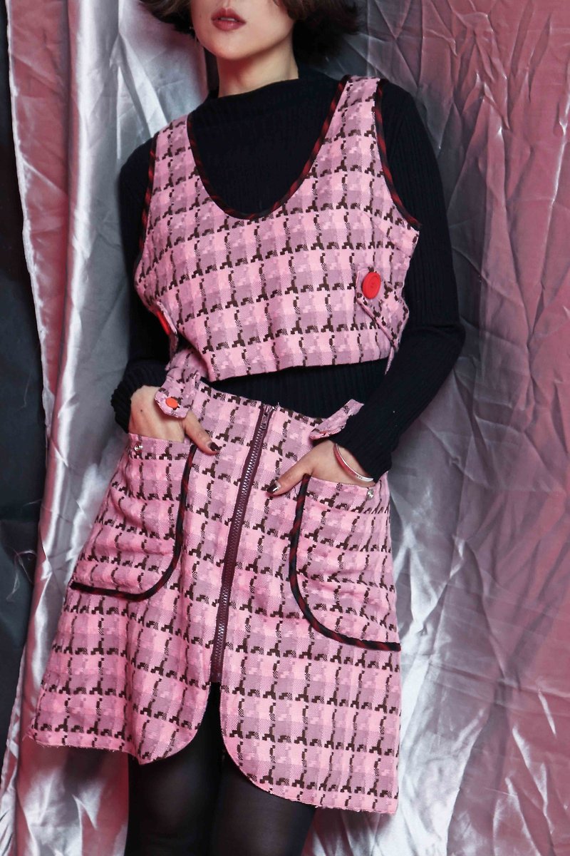 UF9193 Original 16AW gray pink plaid edging double wool zipper half-length skirt retro fun - Skirts - Wool Pink