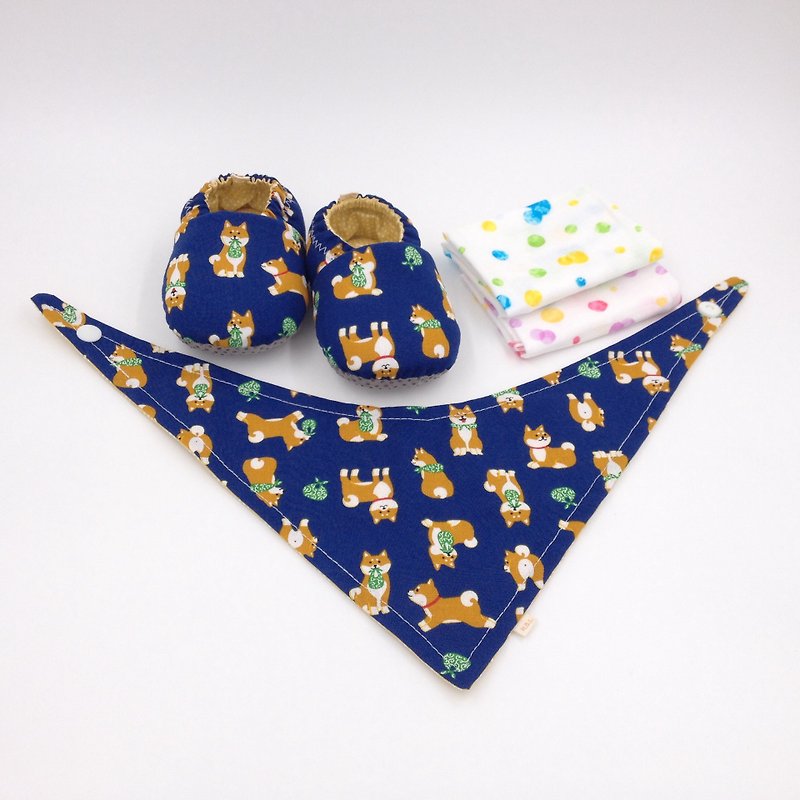 白い眉の芝犬の青い底 -  Miyue赤ちゃんのギフトボックス（幼児靴/ベビーシューズ/ベビーシューズ+ 2ハンカチ+スカーフ） - 出産祝い用贈物 - コットン・麻 ブルー